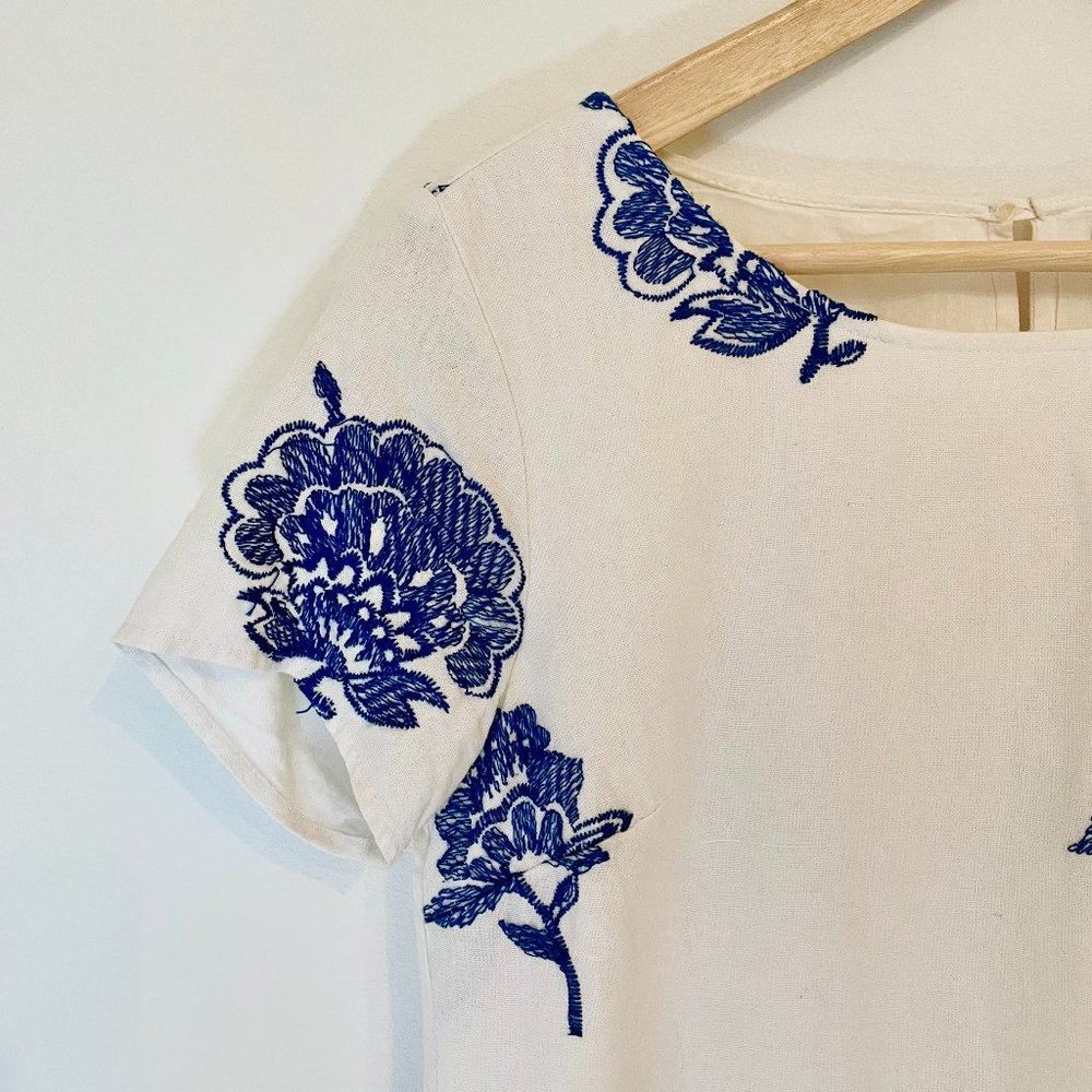 Blue & White Embroidered Shift Dress